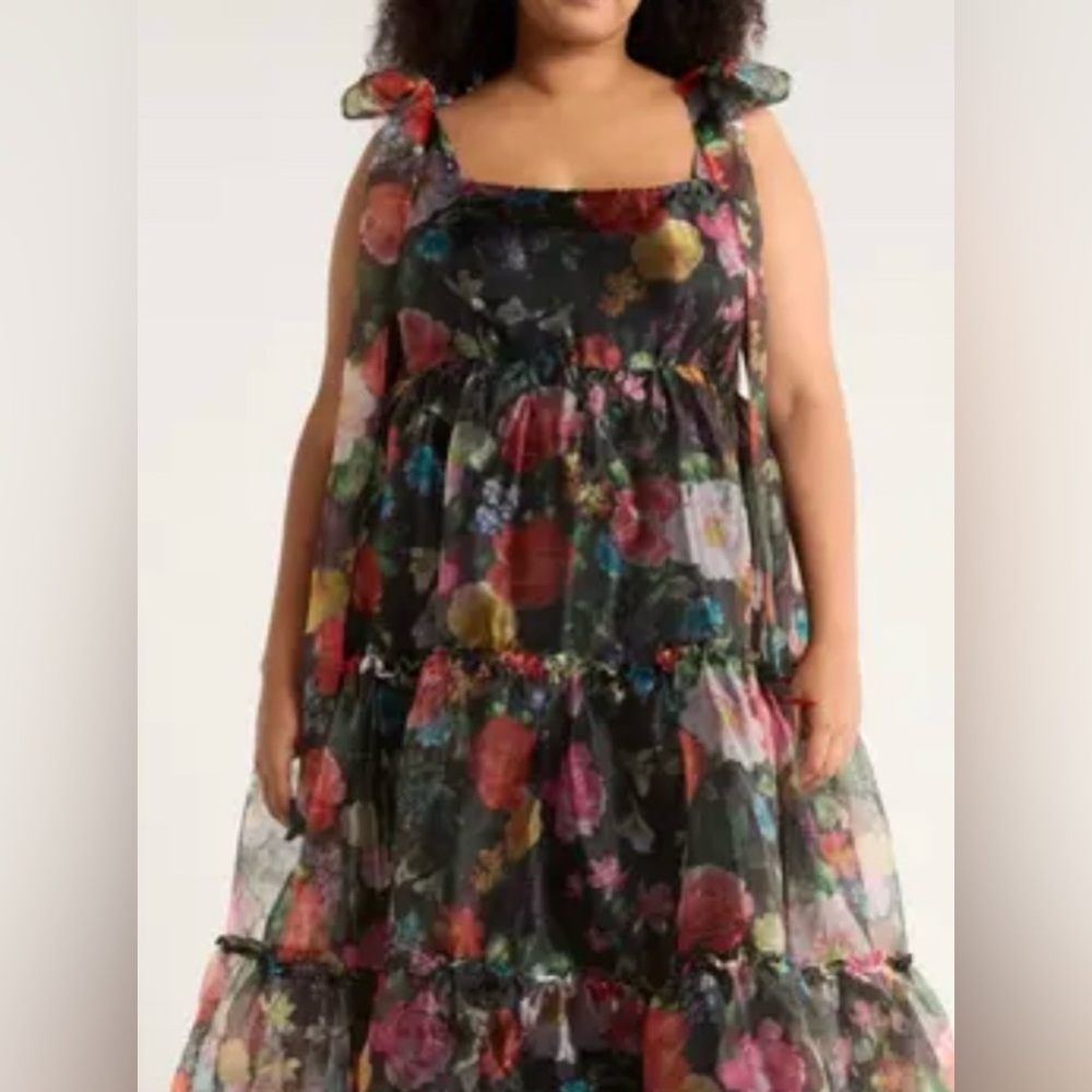 Chelsea28 Black and Multicolor Floral organza Maxi Dress - Picture 2 of 9